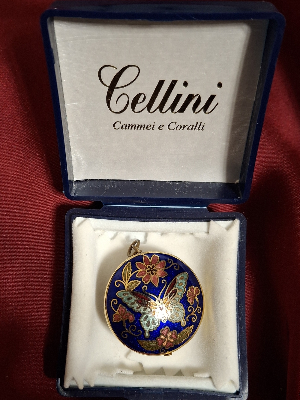 Cellini Cammei e Corralli Blue Enamel Cloisenne Butterfly Pendant Necklace